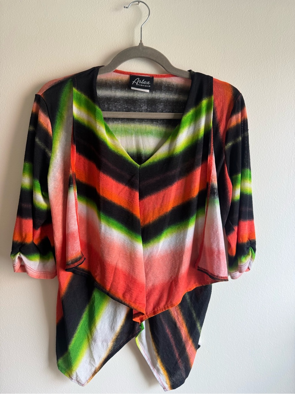 Artex Multicolor Chevron V-Neck Draped Blouse - Orange, Black & Green